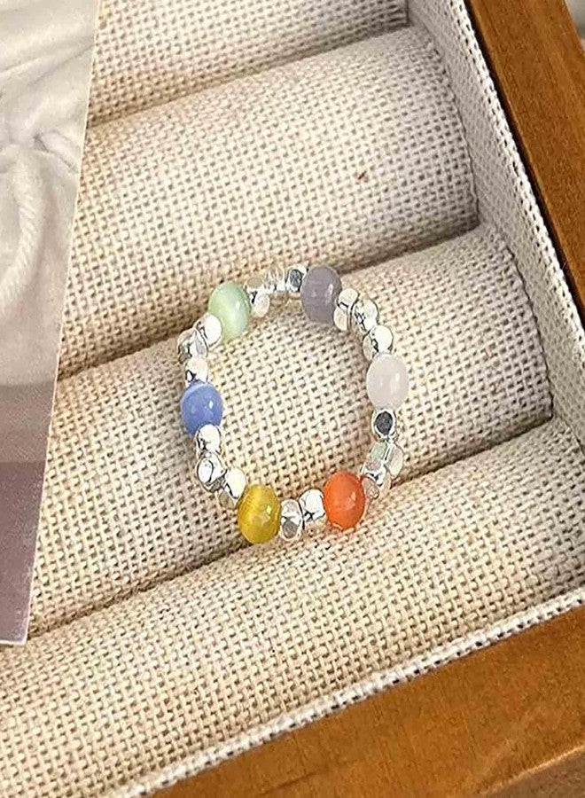 Eviarli Boho Crystal Bead Stretch Ring Beaded Stackable Ring Silver Bead Elastic Finger Ring Rainbow Bead Elastic Ring Handmade Stacking Ring Jewelry for Women (Style A) - Image 3